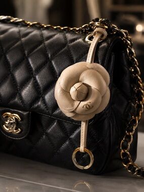 Camellia Flower Lambskin Leather Bag Charm Keychain NEW